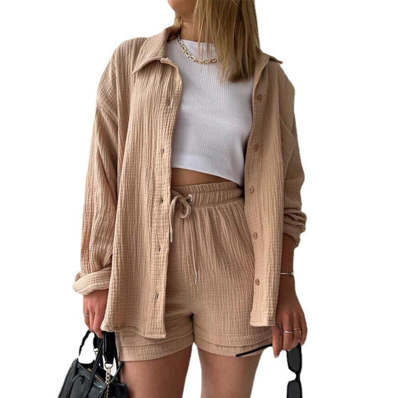 Women's Two-piece Ruffle Lapel Long Sleeve Shirt High Waist Drawstring Shorts Plus Size Fashion Casual Suit