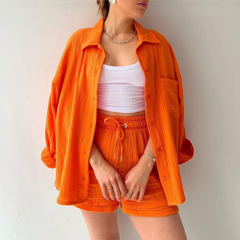 Women's Two-piece Ruffle Lapel Long Sleeve Shirt High Waist Drawstring Shorts Plus Size Fashion Casual Suit