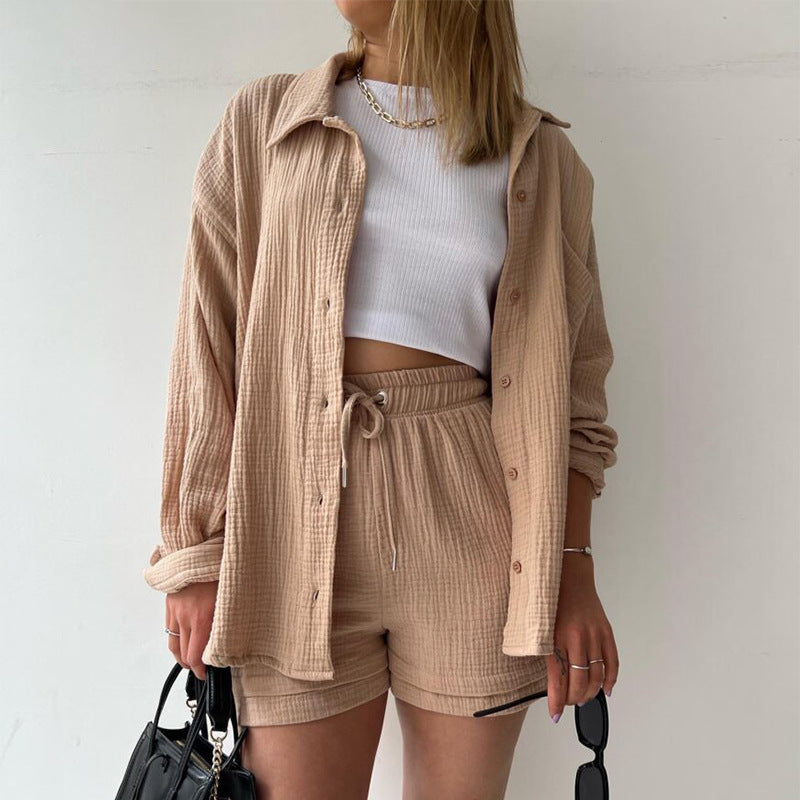 Women's Two-piece Ruffle Lapel Long Sleeve Shirt High Waist Drawstring Shorts Plus Size Fashion Casual Suit