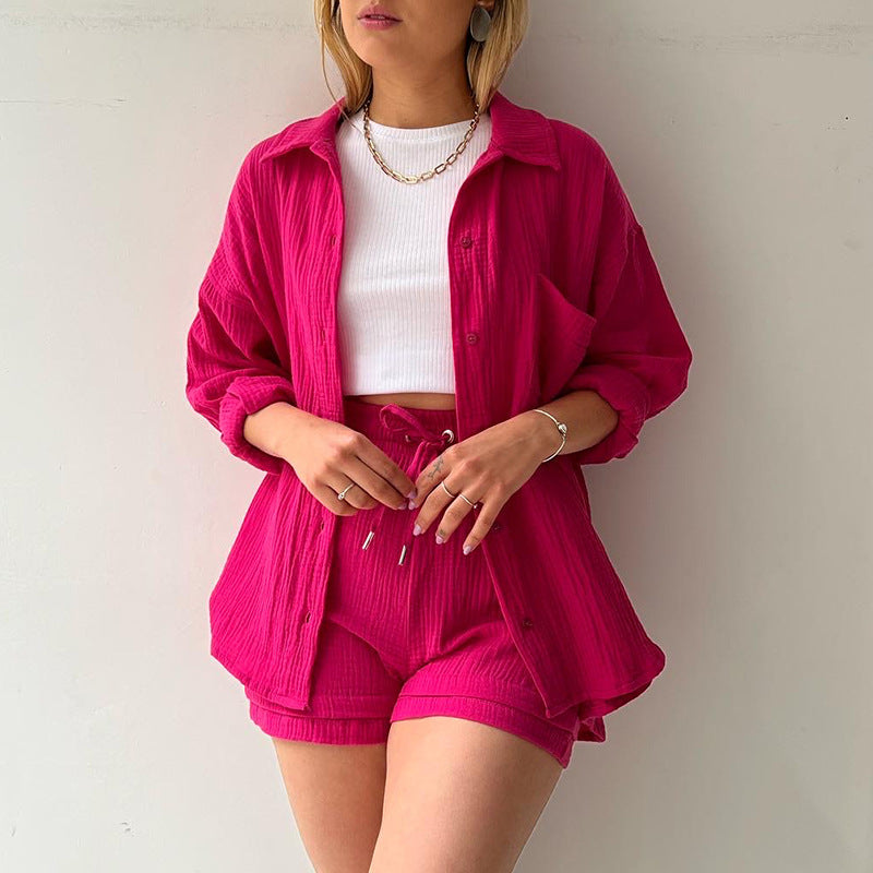 Women's Two-piece Ruffle Lapel Long Sleeve Shirt High Waist Drawstring Shorts Plus Size Fashion Casual Suit