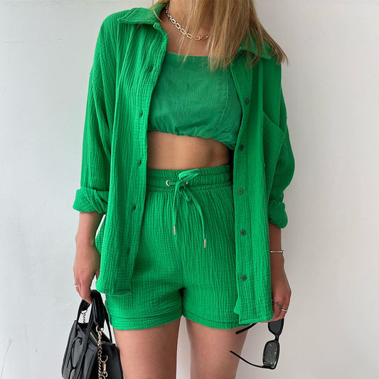 Women&#039;s Two-piece Ruffle Lapel Long Sleeve Shirt High Waist Drawstring Shorts Plus Size Fashion Casual Suit